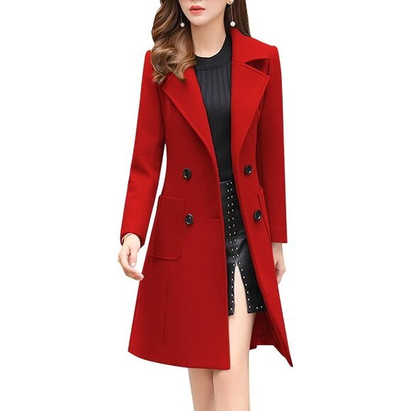 Women's Red Elegant Notched Collar Double Breasted Wool Blend Over Coat - Picture 1 of 5